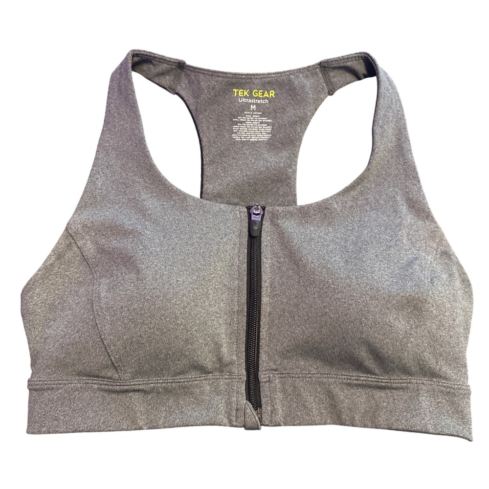 Tek Gear Ultrastretch Gray Zip Front Padded Racerback Sports Bra Size M